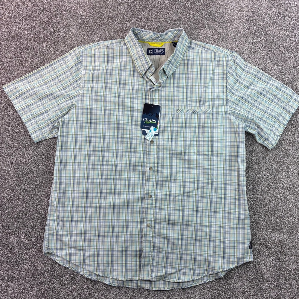 Chaps Explorer Shirt Men's 2XL Blue Plaid Short Sleeve Button Up UPF 50+ Beach